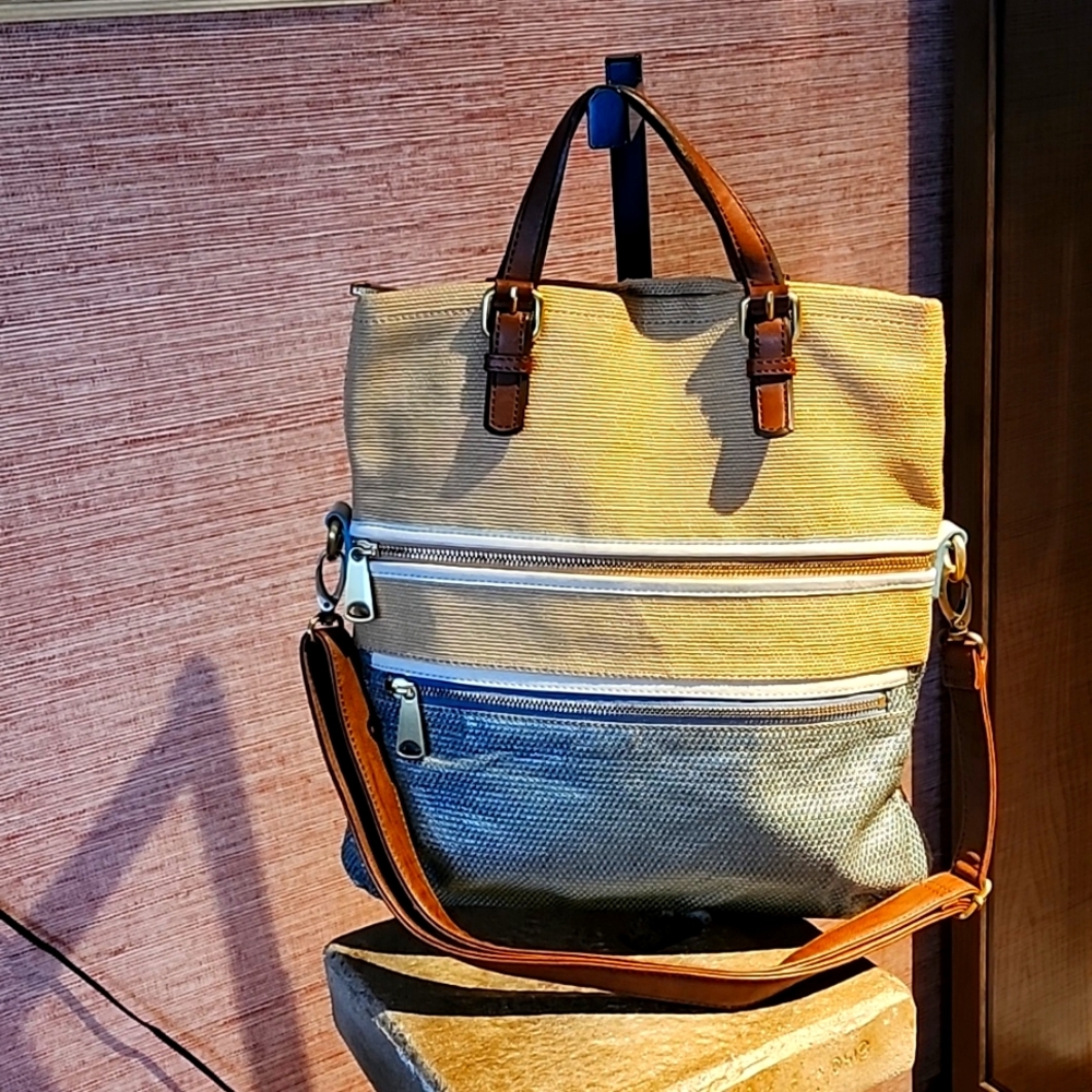 FOSSIL BURLAP AND LEATHER BAG - Picture 2 of 6